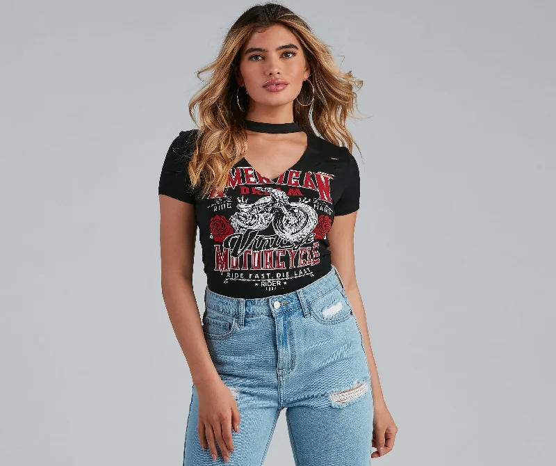 Women's Mesh Panel T-Shirts-American Dream Choker Graphic Tee