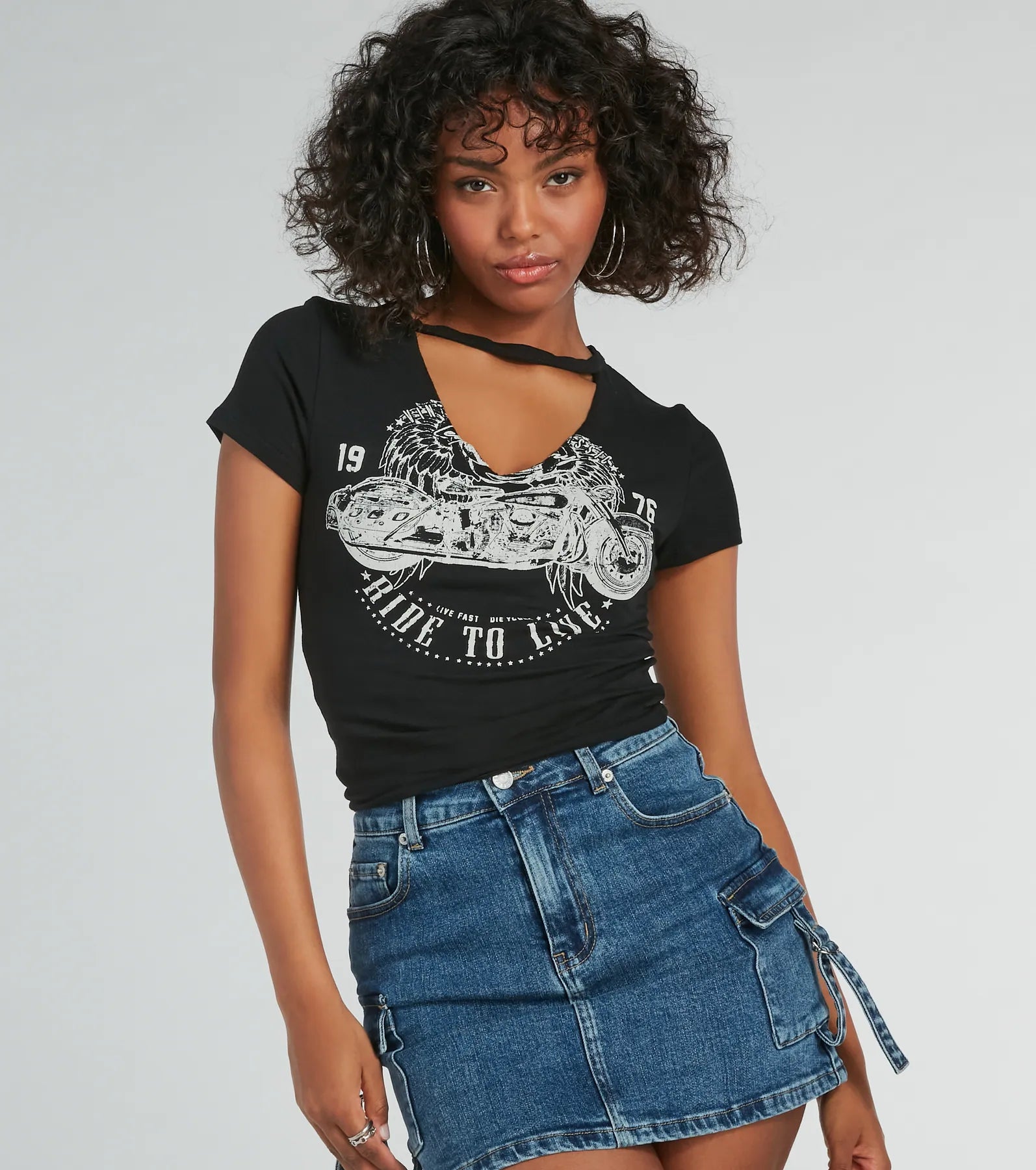 Women's Embroidered T-Shirts-Moto Babe Cutout Knit Graphic Tee