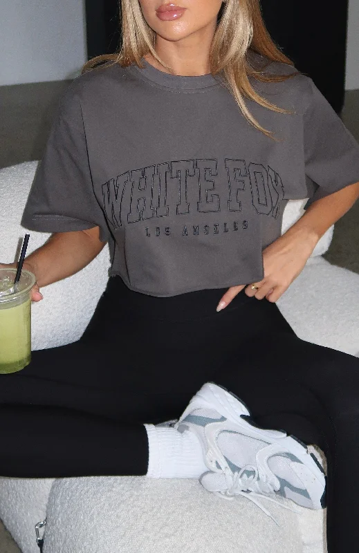 Women's Bow Sleeve T-Shirts-Let's Get Started Oversized Cropped Tee Charcoal