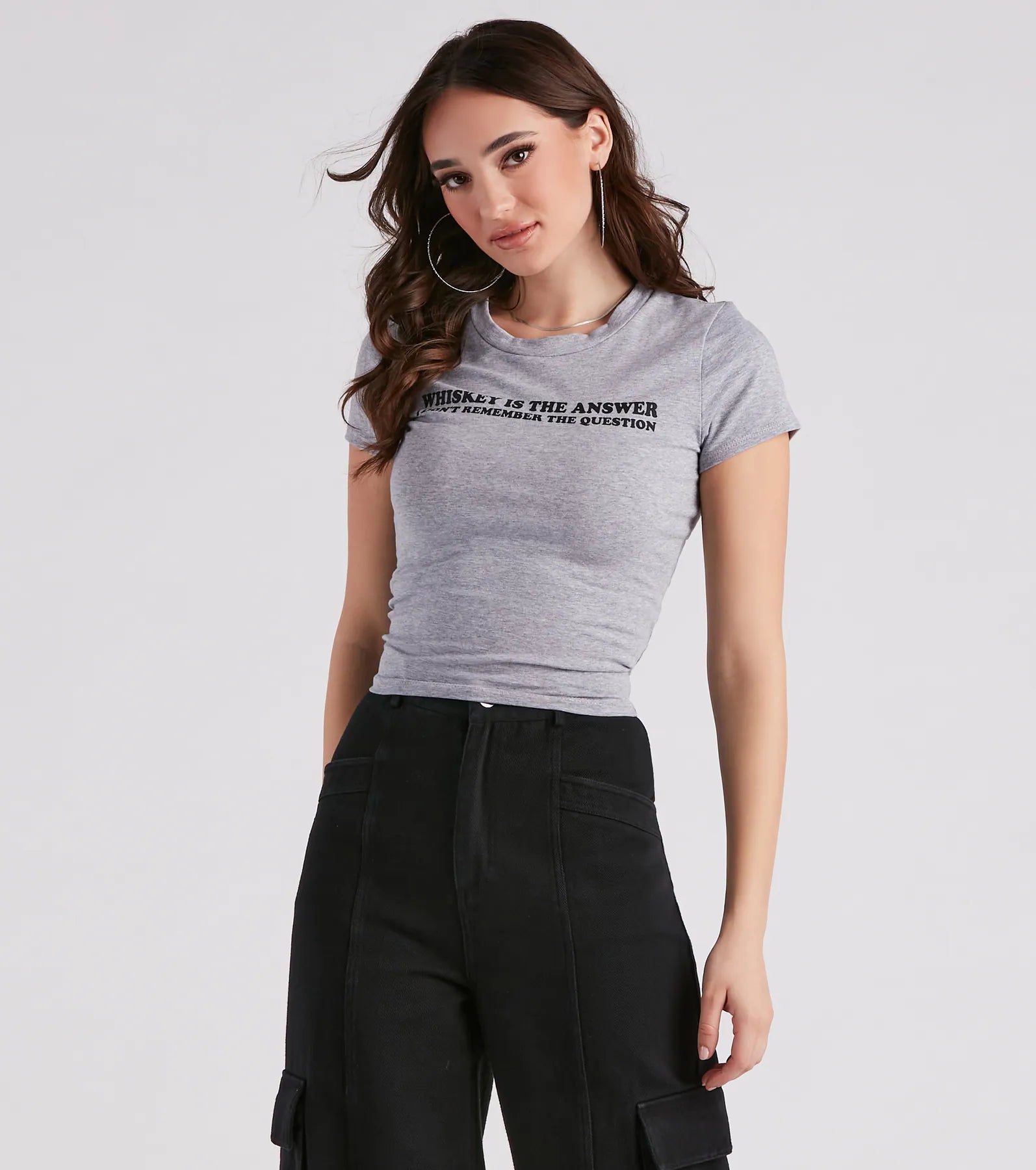 Women's High-Low T-Shirts-Whiskey Is The Answer Cropped Graphic Tee