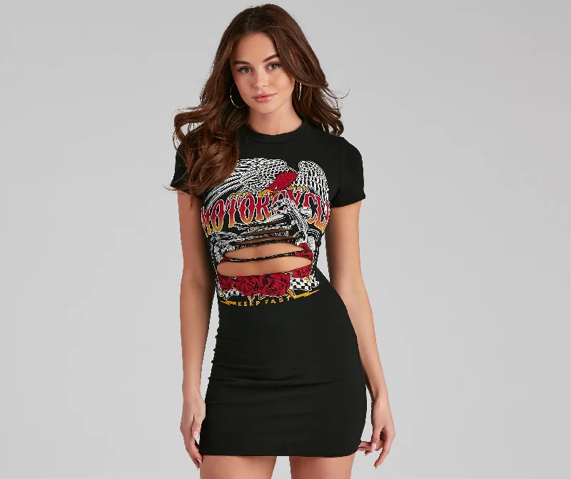 Women's Petite T-Shirts-Let's Ride Graphic Slash Tunic Top