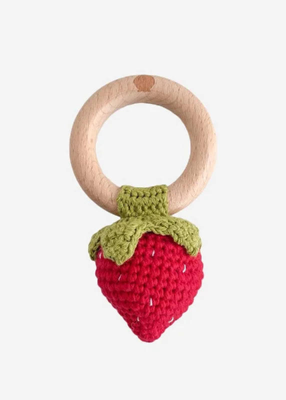 Women's Tagless T-Shirts-Crochet Strawberry Rattle Teether - Red