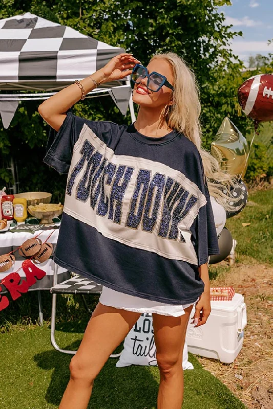 Women's UV Protection T-Shirts-It's a Touch Down Sequin Oversized Tee in Navy/White