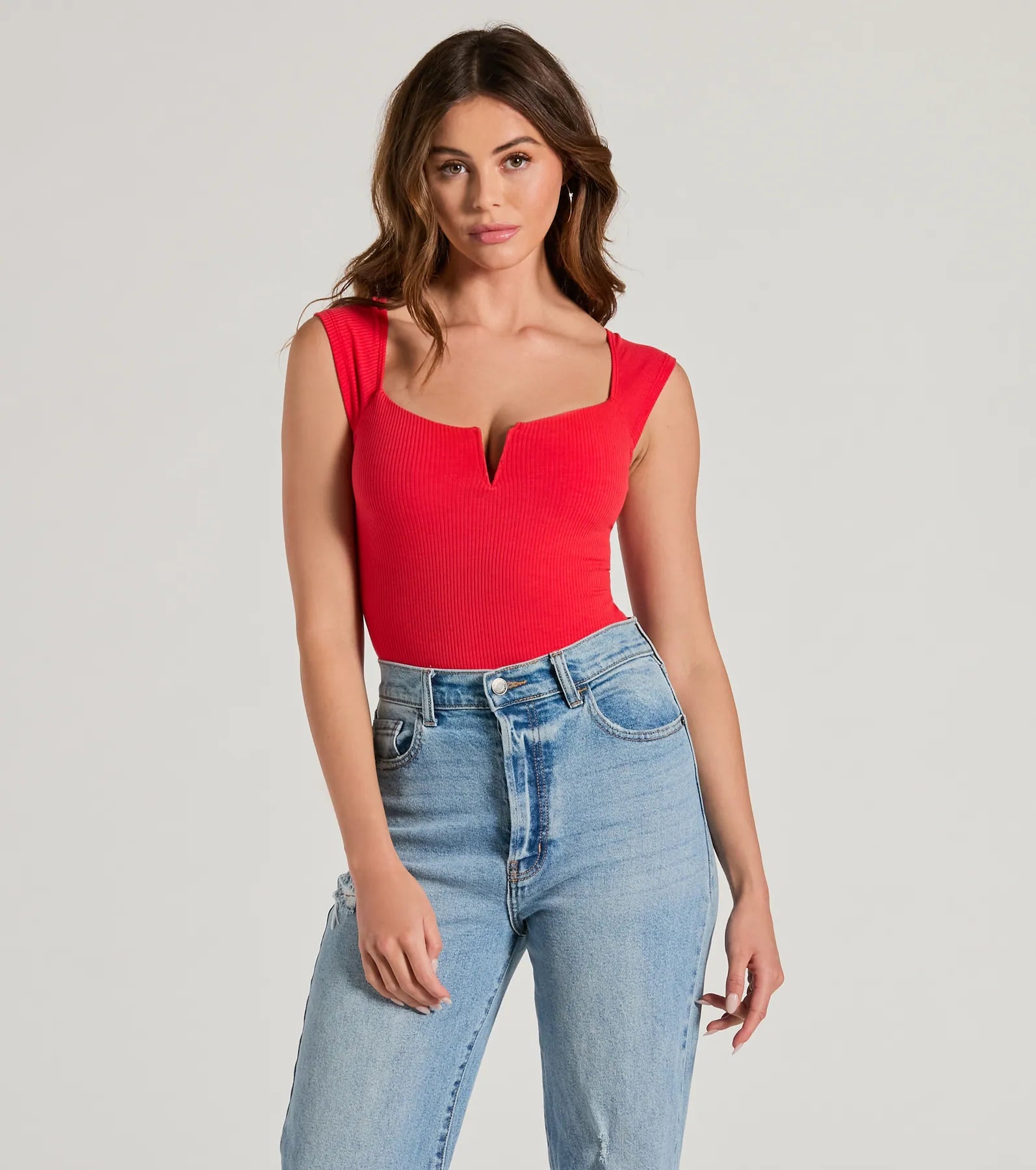 Women's Double Layer T-Shirts-Flirty Does It Square Neck Rib Knit Bodysuit