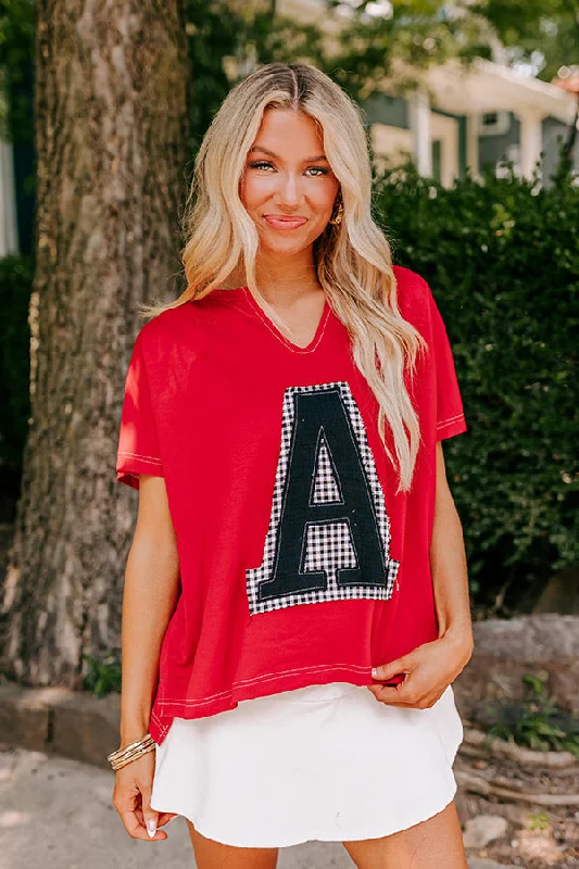 Women's Travel T-Shirts-Field Day Letter Patch Tee in Red