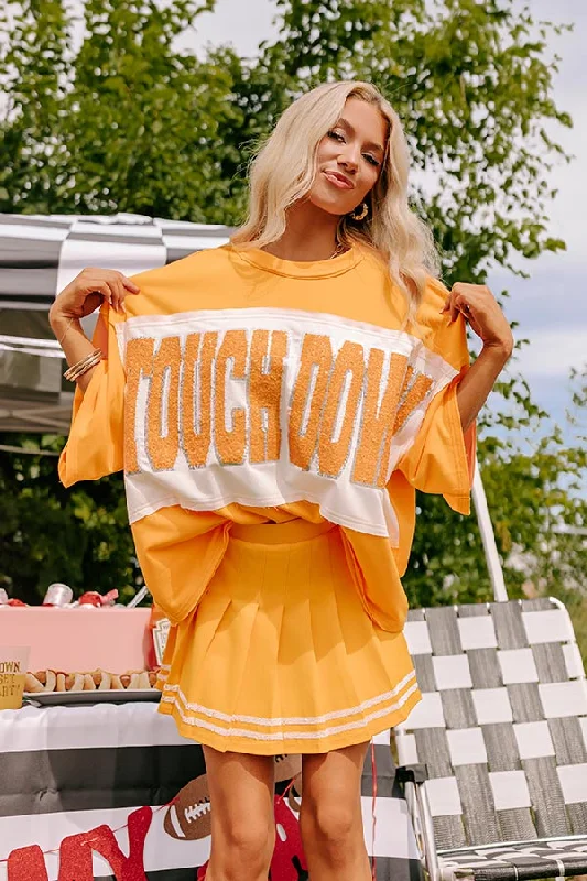 Women's Velvet T-Shirts-It's a Touch Down Sequin Oversized Tee in Orange