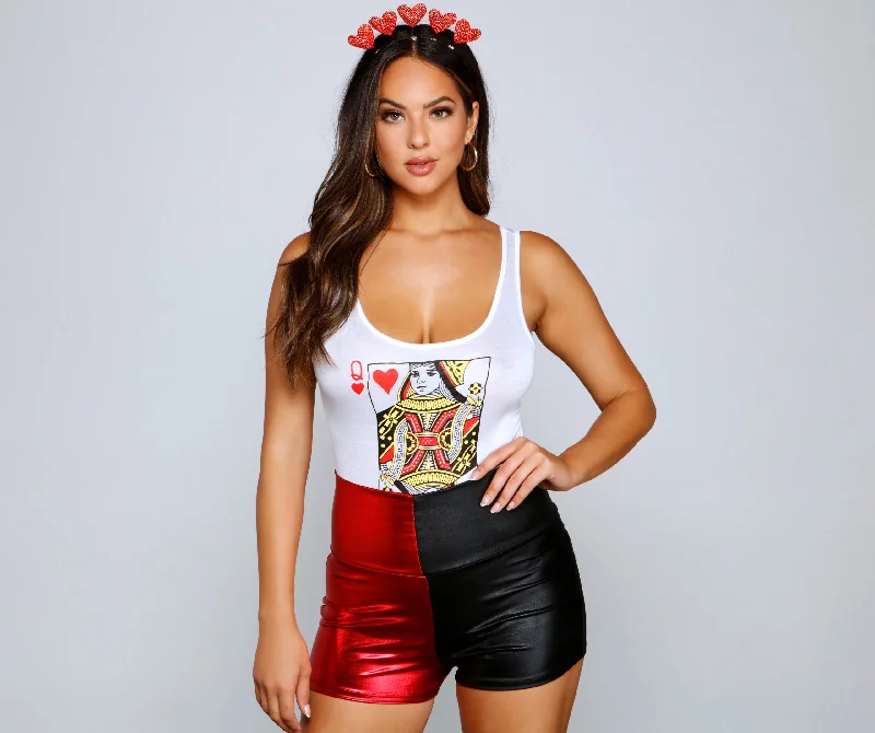 Women's Sheer Panel T-Shirts-Reign In Style Queen Of Hearts Bodysuit