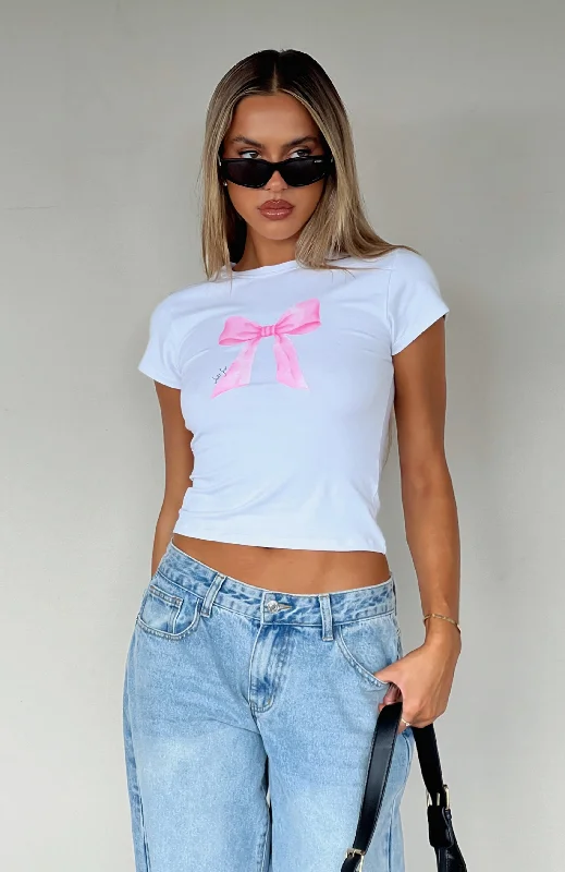 Women's Breathable T-Shirts-Bow On Top Baby Tee White