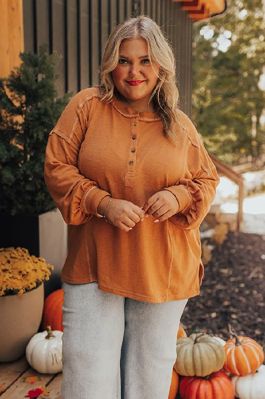 Women's Pajama T-Shirts-Cafe Cutie Henley Tee in Rust Curves