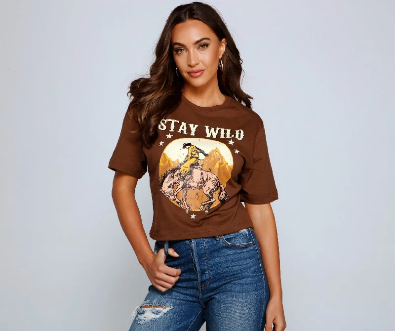 Women's Solid Color T-Shirts-Stay Wild Cowboy Graphic Tee