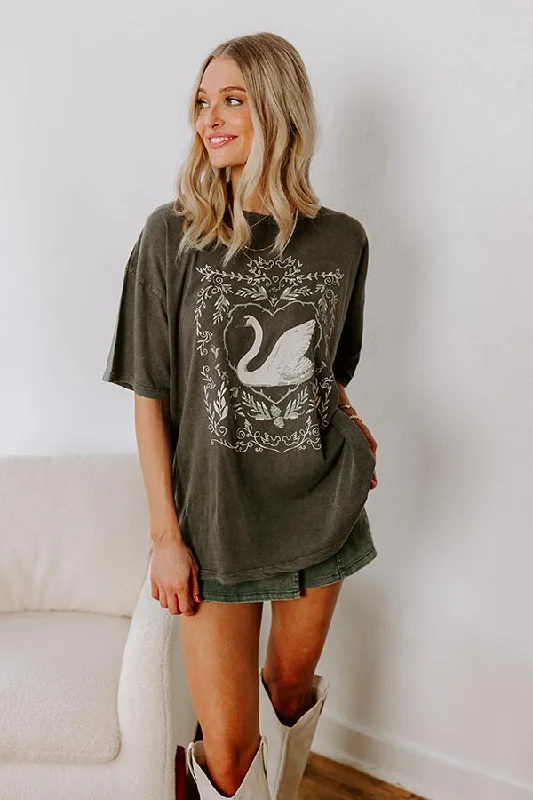 Women's Studded T-Shirts-Ornate Swan Vintage Wash Oversized Graphic Tee