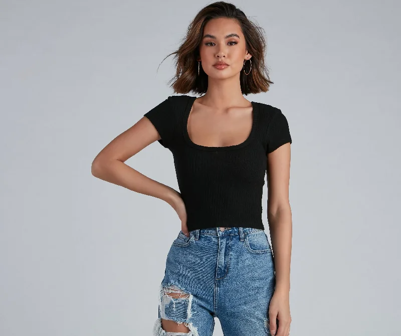 Women's Relaxed Fit T-Shirts-Keeping Knit Basic Crop Top