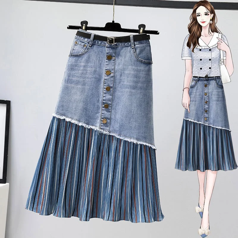 Women's Insulated Ruffle Skirts-Plus size stripe hem denim midi skirt