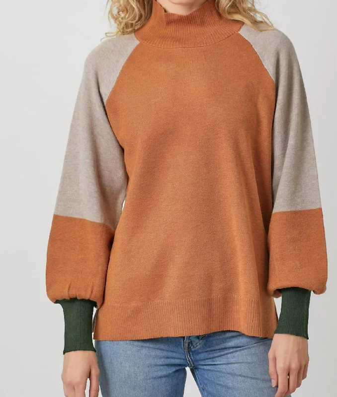 Women's Solid Color Pullovers-Color Blocked Sweater In Rust/toffee