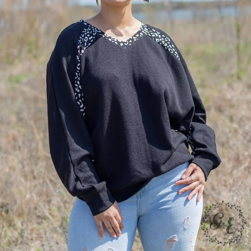 Women's Low-Waisted Ruffle Pullovers-Glad You Exist Waffle Batwing Long Sleeve Top In Black