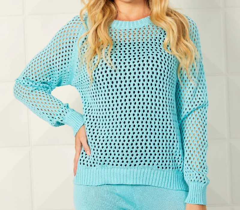 Women's Fringe Floral Pullovers-Crochet Crew Neck Sweater In Aqua