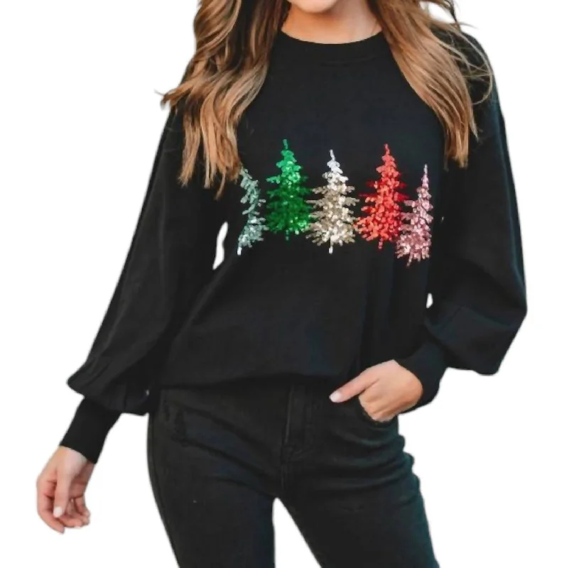 Women's Silk Denim Pullovers-Sequin Christmas Tree Knit Sweater In Black