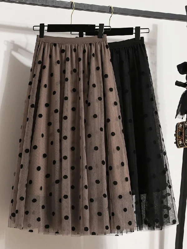 Women's Zip-Up Skirts-Plus Size Polka Dots Tulle Midi Skirt