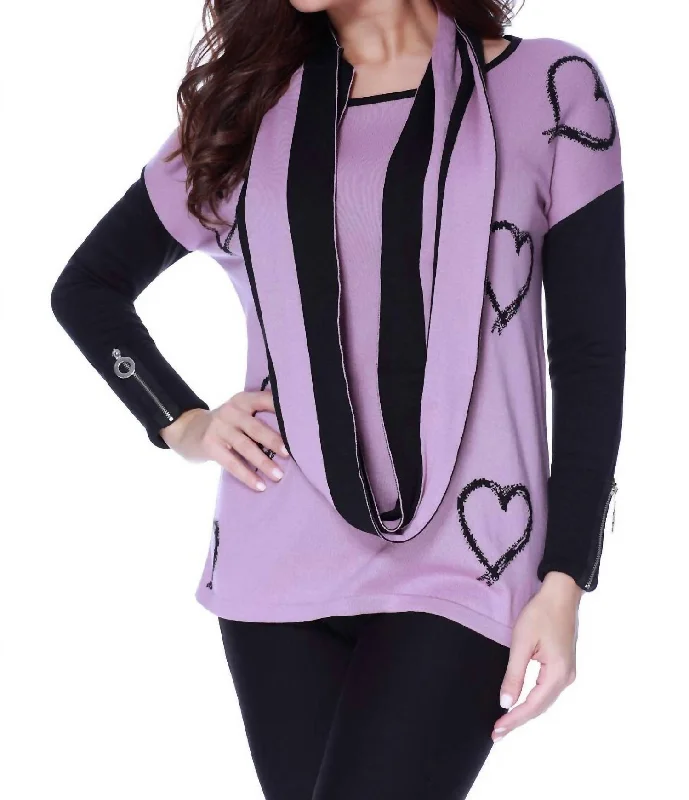 Women's Ribbed Pencil Pullovers-Hearts Pullover W/ Infinity Scarf In Rose