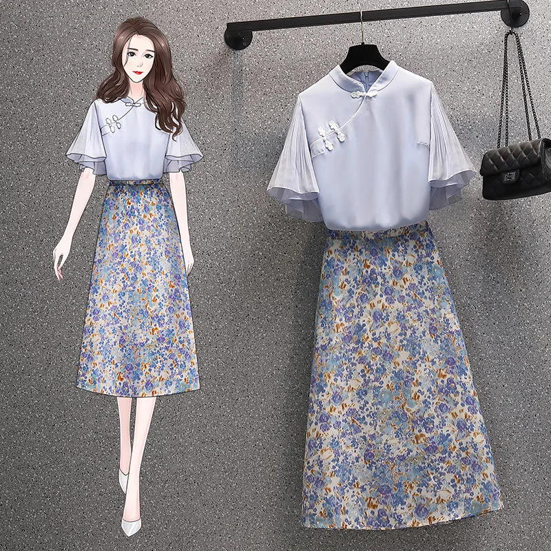 Women's High-Waisted Ruffle Skirts-Plus size blue cheongsam top / floral midi skirt / set