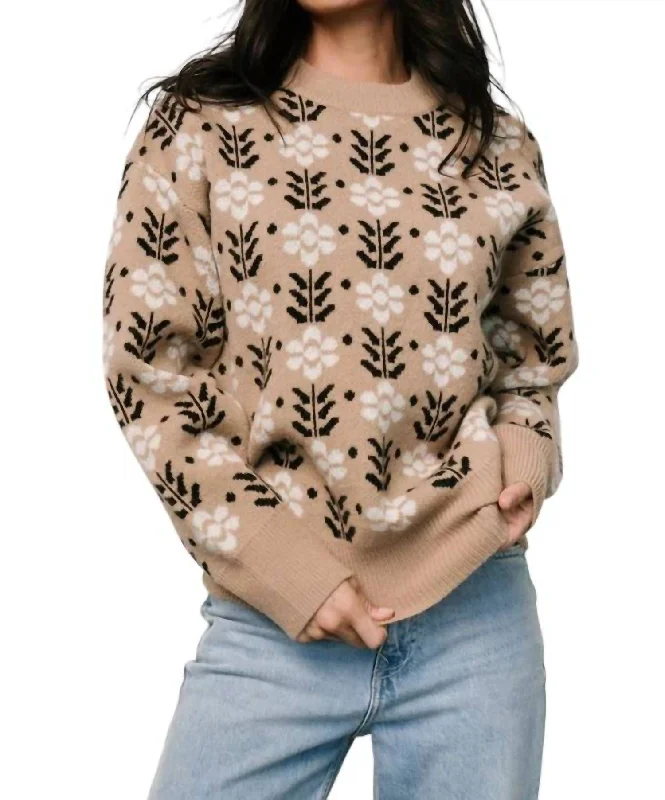 Women's Stretch Pullovers-Brienne Floral Sweater In Taupe