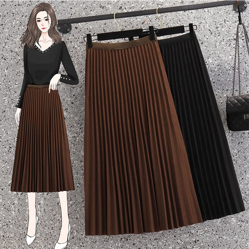 Women's High-Low Skirts-Plus Size Korean Pleat Midi Skirt