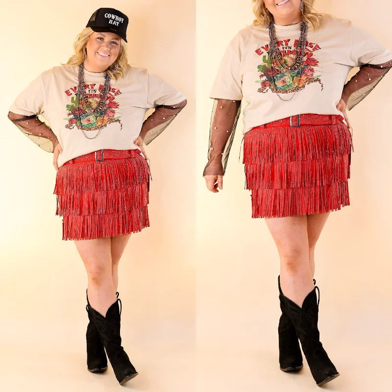 Women's Plaid Skirts-Cowboy Killer Crystal Fringe Mini Skort in Red