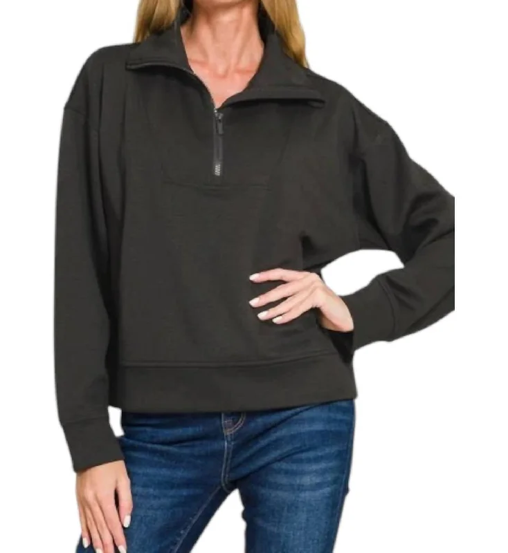 Women's Silk Floral Pullovers-Scuba Half Zip Pullover Sweater In Black