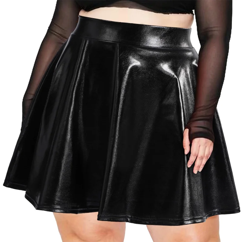 Women's Button-Front Pleated Skirts-Plus Size Mini Skater Skirt Sparkly Pleated-Black