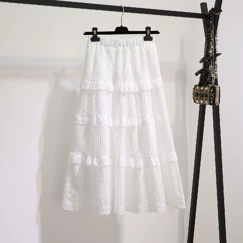 Women's Slit A-Line Skirts-Plus Size Korean White Tier Pleat Skirt