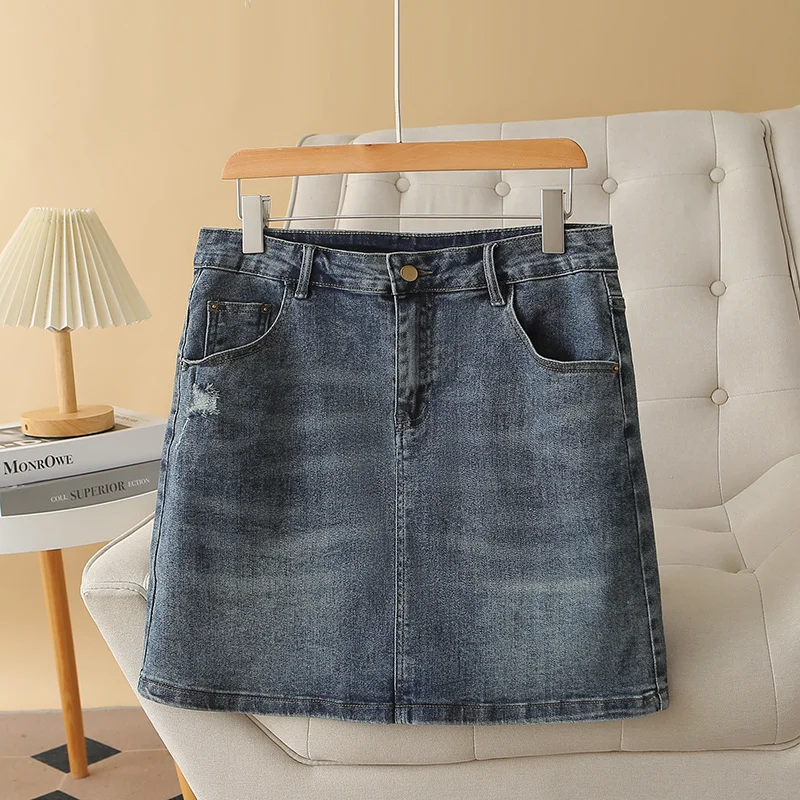 Women's Glitter Denim Skirts-Plus Size Stretch Ripped Denim Skirt