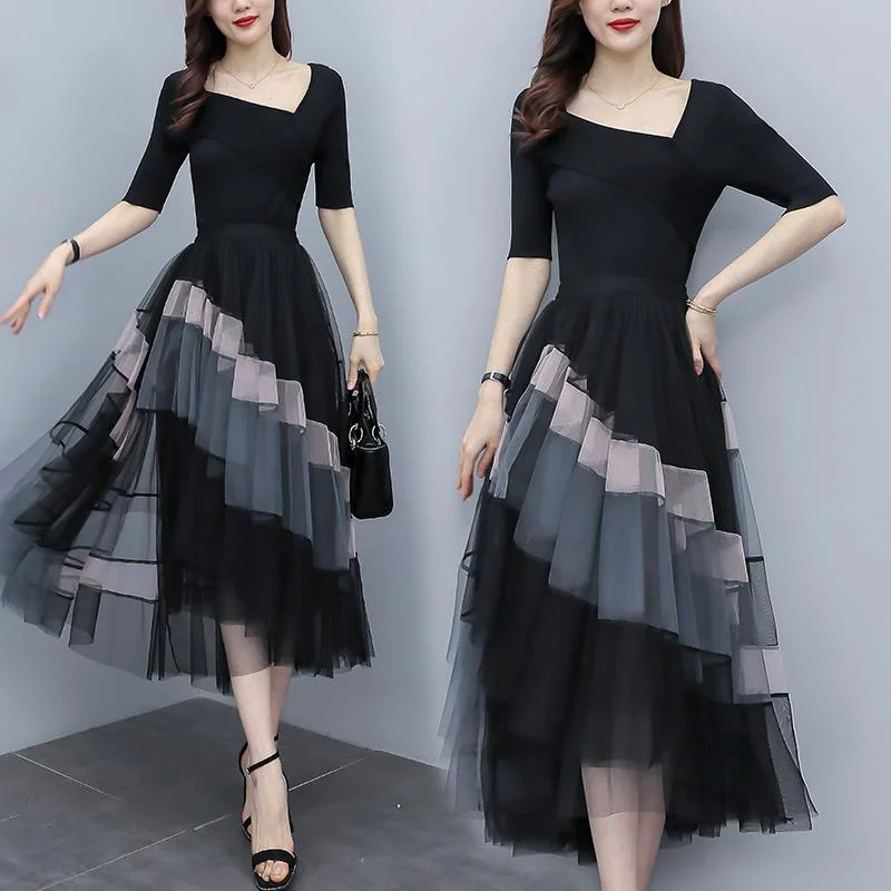 Women's Low-Waisted Floral Skirts-Plus Size Asymmetric Top and Colour Block Tulle Skirt Set