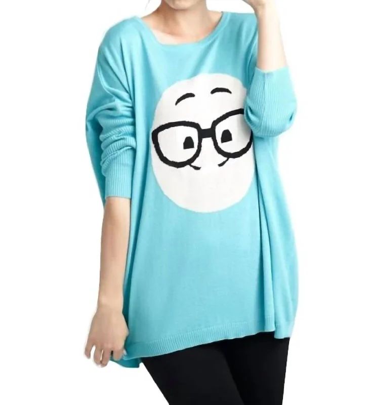 Women's Silk Pencil Pullovers-Geek Chic Emoji Pullover In Turquoise