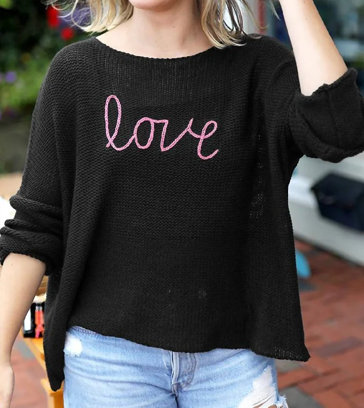 Women's Thermal Denim Pullovers-Key West Love Crew Sweater In Black/cherry Pastille