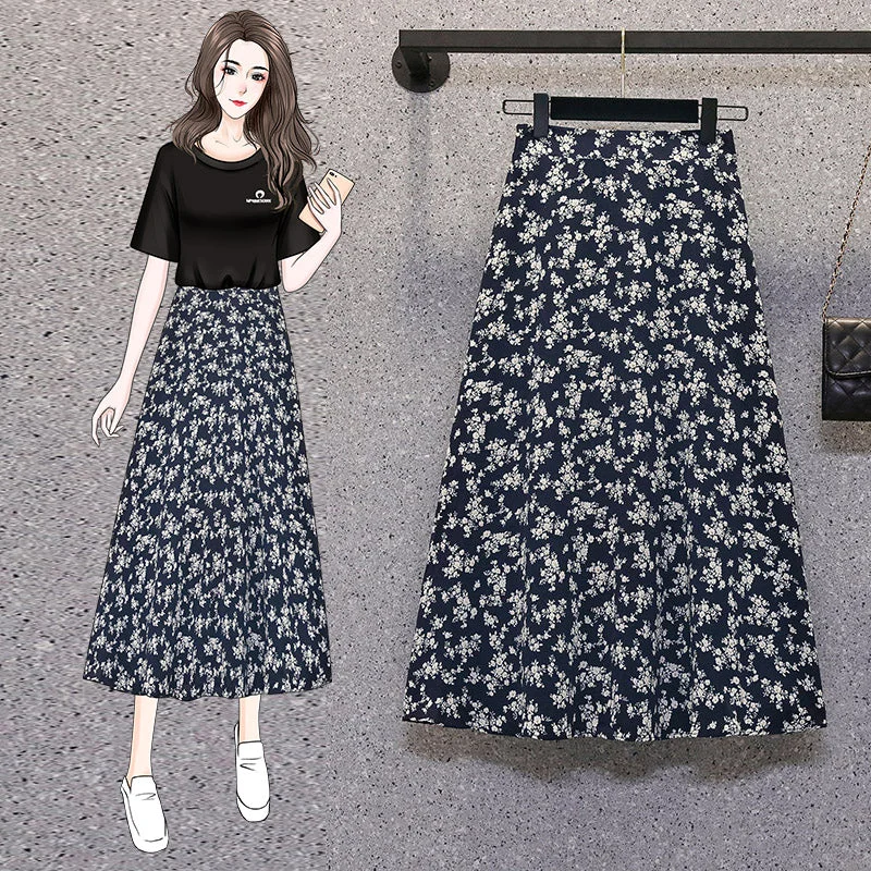 Women's Low-Rise Skirts-Plus Size Blue Floral Midi Skirt