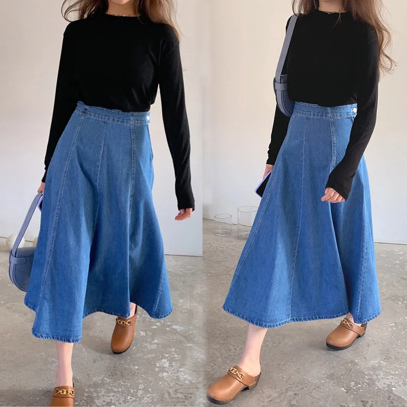 Women's Satin Pencil Skirts-Plus Size Korean Denim A Line Midi Skirt