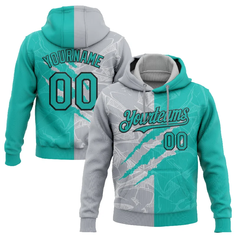 Women's Metallic Thread Hoodies-Custom Stitched Graffiti Pattern Aqua Gray-Black 3D Scratch Sports Pullover Sweatshirt Hoodie