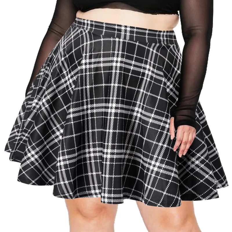 Women's Flared Skirts-Women's Plus Size Mini Plaid Skirt - Black & White