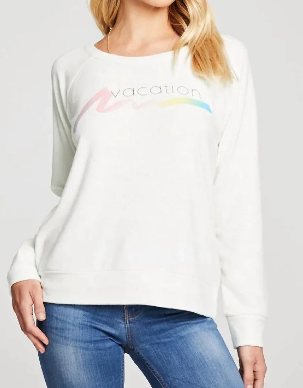 Women's Stretch Pullovers-Vacation Recycled Love Knit Raglan Pullover In Off White