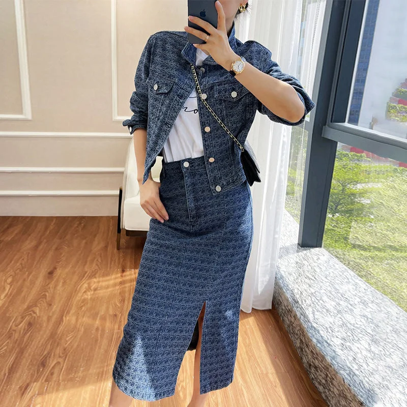 Women's Lace Denim Skirts-Plus size chanel-esque denim jacket and pencil skirt set