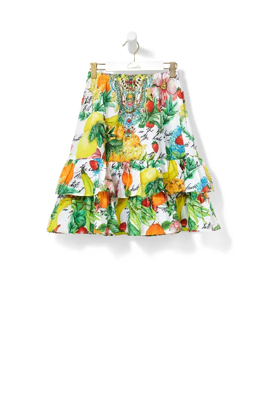 Women's Button-Front Denim Skirts-KIDS LONG TIERED SKIRT THERE'S NO PLACE LIKE RIO