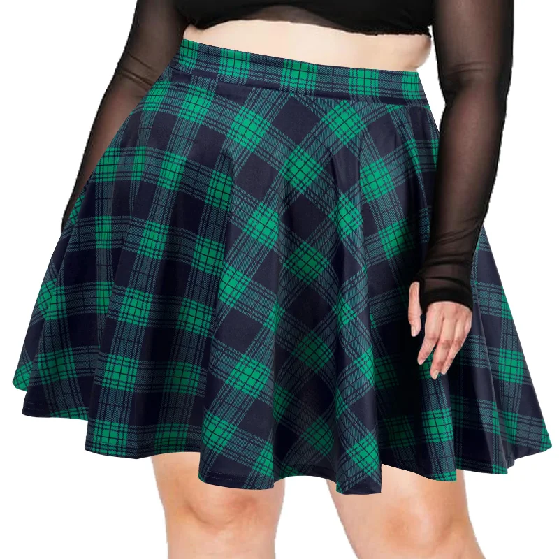 Women's Faux Leather Skirts-Women's Plus Size Mini Plaid Skirt - Green & Blue