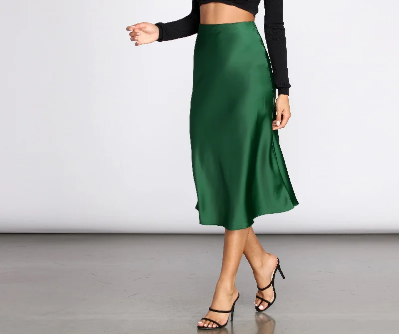 Women's Shimmer Floral Skirts-Minimalist Satin Midi Skirt