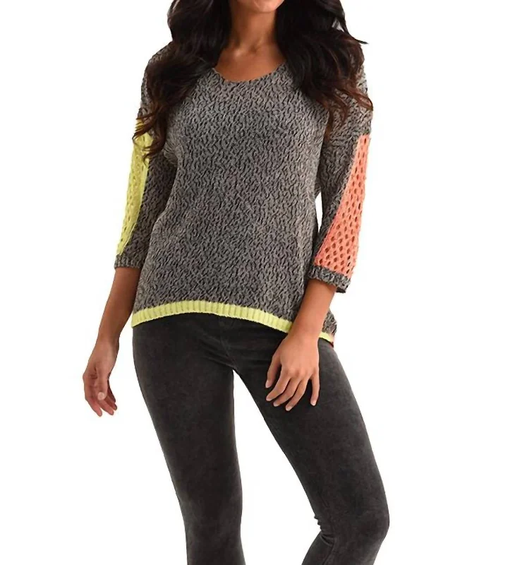 Women's Yoga Pullovers-Tracy Color Block Crochet Top In Black Multi