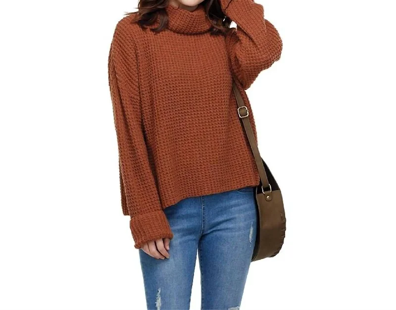 Women's Ribbed Pencil Pullovers-Wendy Waffle Knit Sweater In Rust