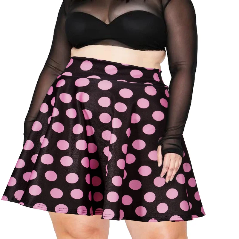 Women's Fringe A-Line Skirts-High Waisted Skater Skirt Plus Size-Black & Pink Dots