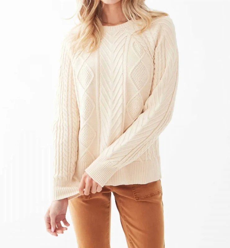 Women's Fleece Pencil Pullovers-A-Line Cable Sweater In Cream