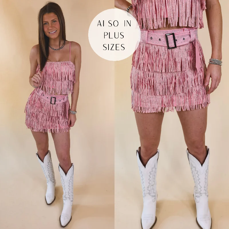 Women's Sequin Pleated Skirts-Cowboy Killer Crystal Fringe Mini Skirt in Light Pink