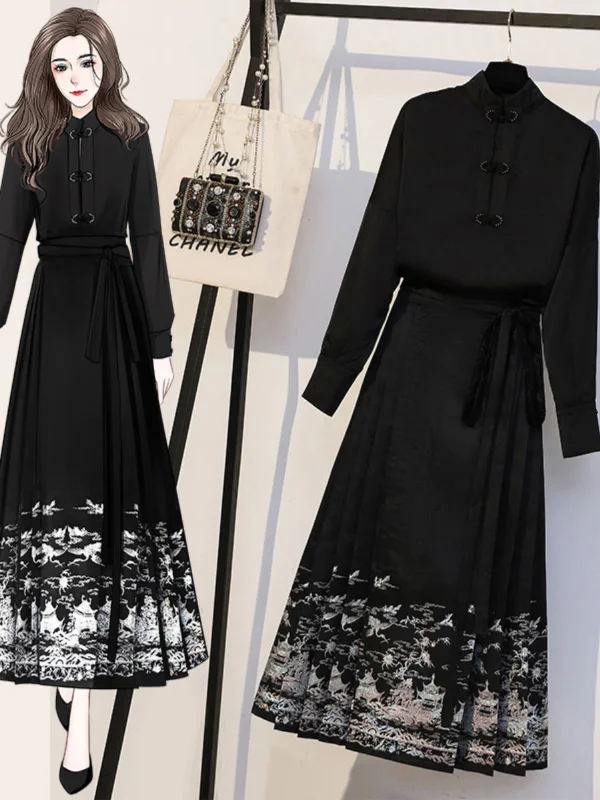 Women's Textured Ruffle Skirts-Plus Size Chinese Black Long Sleeve Blouse And Matching Skirt Set