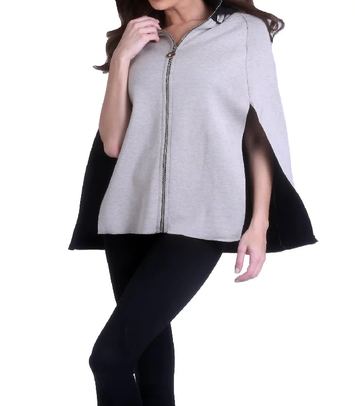 Women's Satin Ruffle Pullovers-High Slit Detachable Hooded Poncho In Black/stone